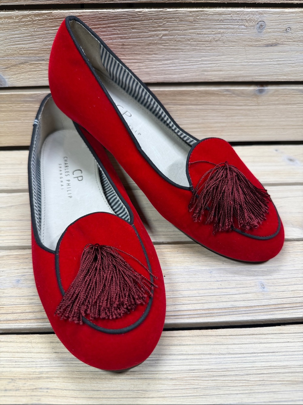Charles Philip Shanghai Sylvie Leather Upper Red Velvet Tassel Loafer